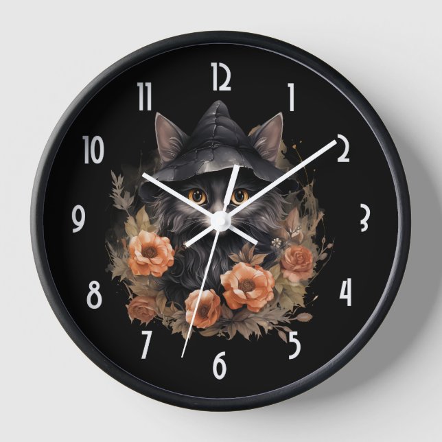 Reloj Gato negro lindo en un sombrero de bruja (Anverso)