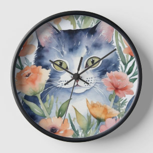 Reloj GATO NEGRO Y BLANCO EN FLORES COLOR DE AGUAall Rel