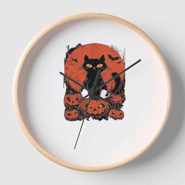Reloj Gato negro y calabazas - Cla de arte de camisetas  (Anverso)