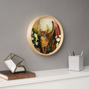 Reloj Gato Vintage En La Floreciente Acuarela Del Jardín