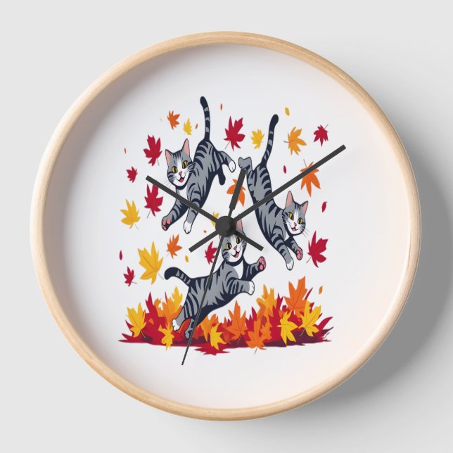 Reloj Gatos jugando en hojas de otoño (Anverso)