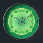 Reloj Geométrica Art Deco, verde esmeralda y lima<br><div class="desc">Reloj en patrones geométricos superpuestos,  consistentes en rayas de gradiente,  que van desde medio hasta verde lima pastel,  sobre un fondo verde esmeralda,  con acentos de 3-d en forma de diamante a las horas.</div>