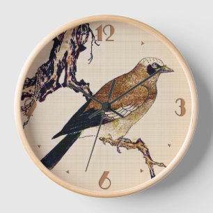 Reloj Grabado japonés en madera de un pinzón, marrón y b