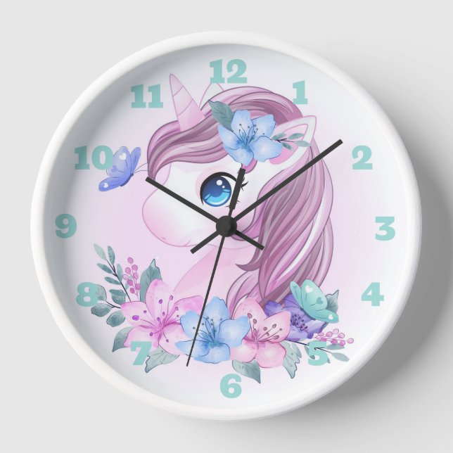 Reloj grande de unicornio, flores y mariposas (Anverso)