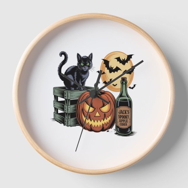 Reloj Halloween de cerveza de gato de calabaza (Anverso)