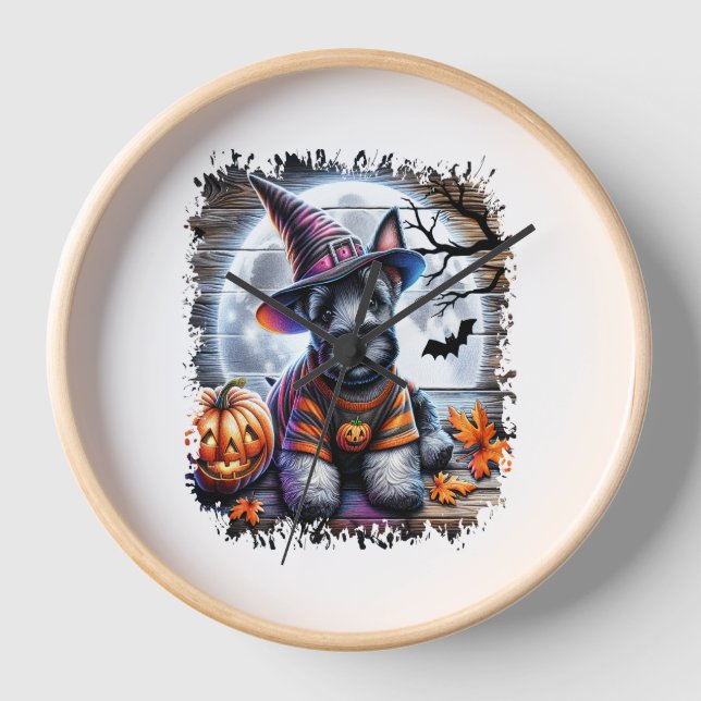 Reloj Halloween de Perro Terrier de Escocia (Anverso)