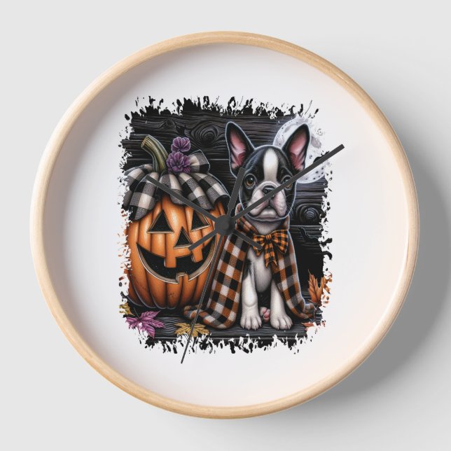 Reloj Halloween del perro de Boston Terrier (Anverso)