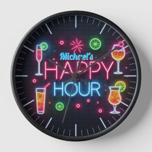 Reloj Happy Hour Bar Clock Neon Beer Custom Name Mancave