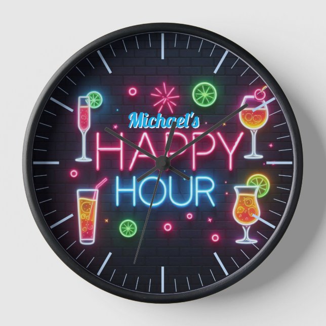 Reloj Happy Hour Bar Clock Neon Beer Custom Name Mancave (Anverso)