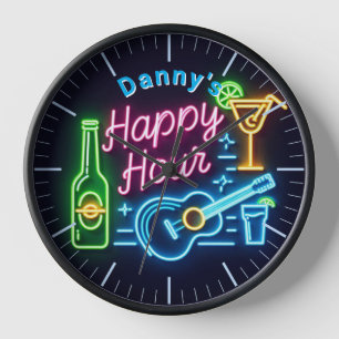 Reloj Happy Hour Bar Clock Neon Beer Custom Name Mancave