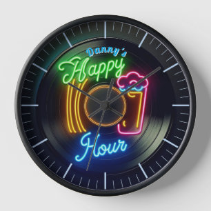 Reloj Happy Hour Bar Clock Neon Beer Custom Name Mancave