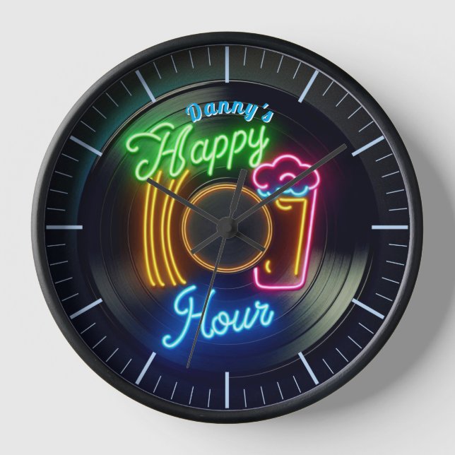 Reloj Happy Hour Bar Clock Neon Beer Custom Name Mancave (Anverso)