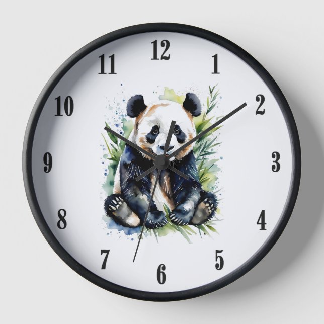 Reloj Hermosa acuarela Panda con números negros (Anverso)