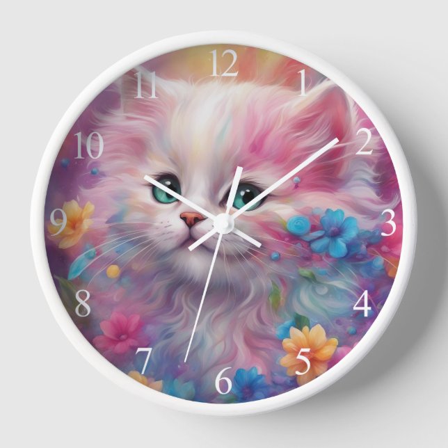 Reloj Hermoso Gato Blanco Fluffy (Anverso)