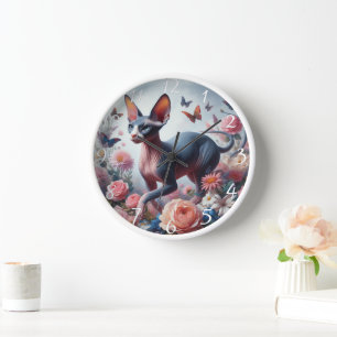 Reloj Hermoso gato y flores de Sfinx