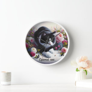 Reloj Hermoso gato y flores en blanco y negro