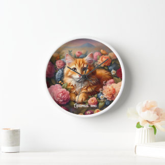 Reloj Hermoso Naranja Tabby Cat and Flowers