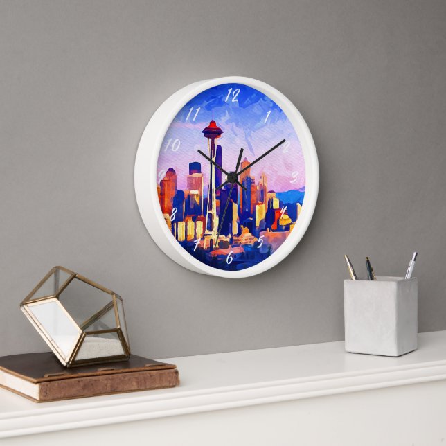 Reloj Hermoso Skyline Seattle Colores de sol acuarela (Oficina)