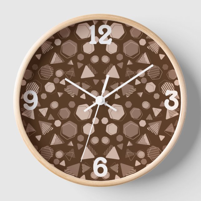 Reloj Hexagón y triángulo rosa y marrón en patrón marrón (Anverso)