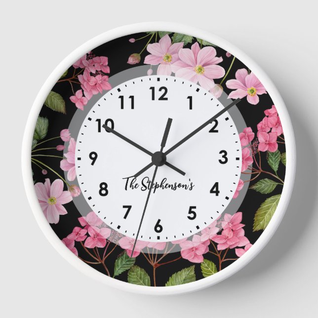 Reloj Hidrangea rosa acuarela y anémona japonesa (Anverso)