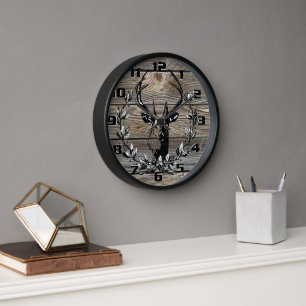 Reloj Hojas de Laurel de Ciervo Rústico Tablas de Madera