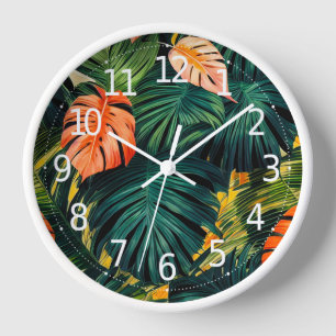 Reloj Hojas Tropicales Coloridas y Flores de Hibisco