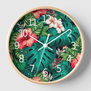 Reloj Hojas Tropicales Elegantes y Flores de Hibisco  