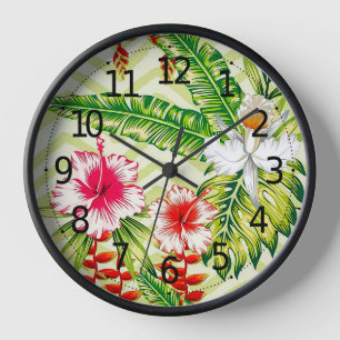 Reloj Hojas Tropicales Elegantes y Flores de Hibisco  