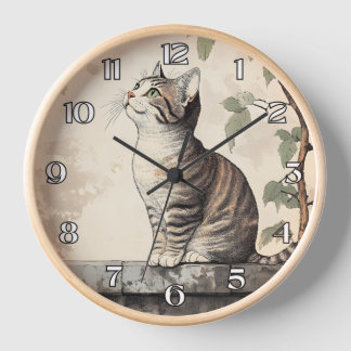 Reloj Ilustración Botánica Vintage de Gato Tabby Caprich