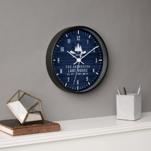 Reloj Impresión Rustic Lake House Boat Oars Trees Blue 