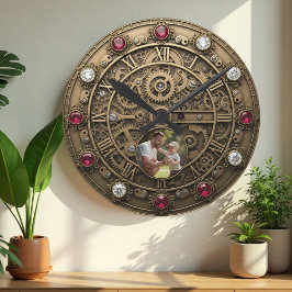 Reloj industrial, foto familiar, engranajes, Steam