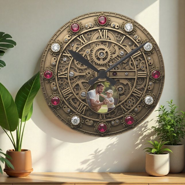 Reloj industrial, foto familiar, engranajes, Steam (Industrial Steampunk Clock with custom photo)