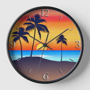 Reloj Isla Tropical al atardecer con palmeras