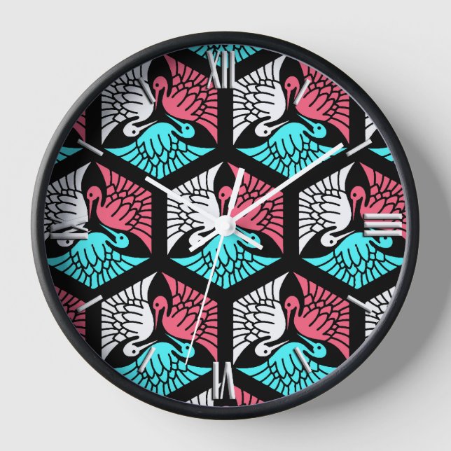 Reloj Japanese Cranes, Coral, Turquoise and Black (Anverso)