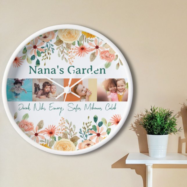 Reloj Jardín de la abuela de la Collage de fotos persona (Personalized Photo Collage Nana Grandma's Garden Clock)