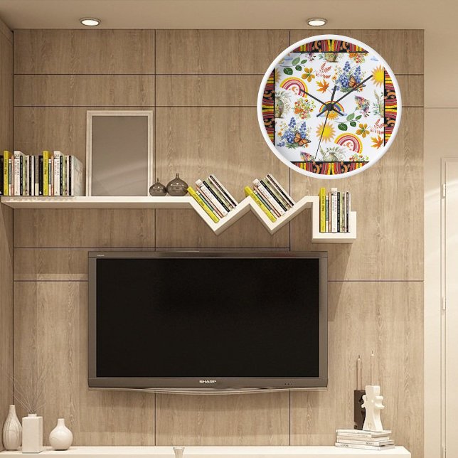 Reloj Jardín de primavera mariposa Arcoiris Sunshine Gre (Spring Garden Butterfly Rainbow Sunshine Greenery Clock)