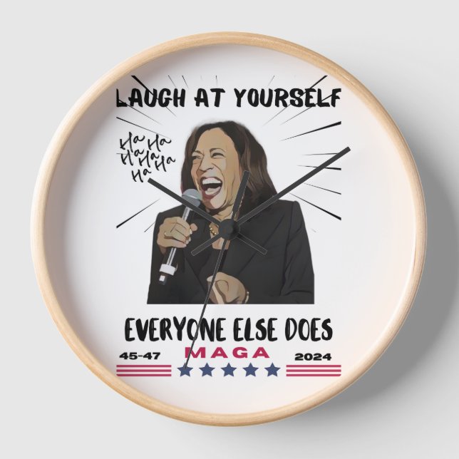 Reloj Kamala Harris, Marco de madera natural redon (Anverso)