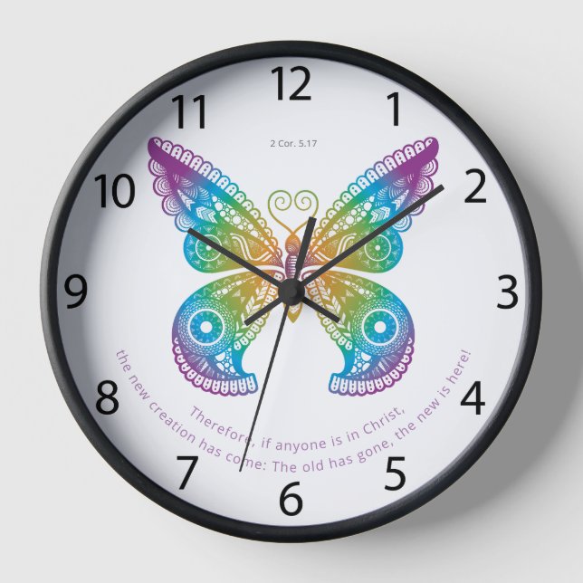 Reloj La Biblia Mariposa Verse Nuevo Comienzo 2 Cor. 5.1 (Anverso)