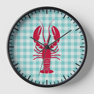 Reloj Langosta en cocina de cuadros azules