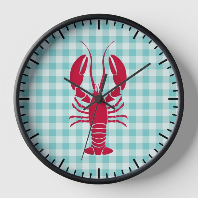 Reloj Langosta en cocina de cuadros azules (Anverso)