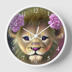 Reloj León bebé lindo con flores rosadas gráfico