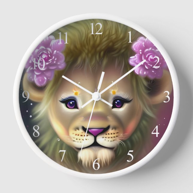Reloj León bebé lindo con flores rosadas gráfico (Anverso)