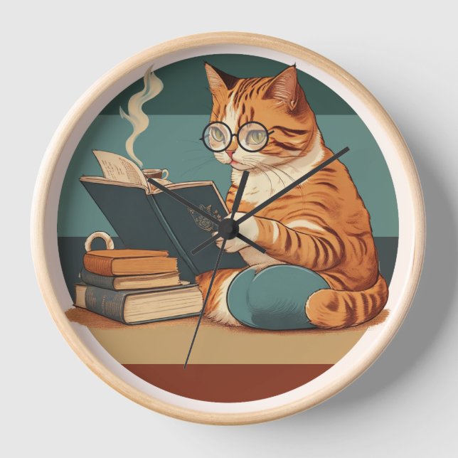 Reloj Libro De Lectura De Gatos Y Café De Bebida Espress (Anverso)