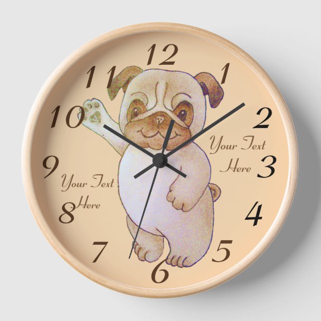 Reloj lindo dibujo de perro ondeando perro de pug marrón (Anverso)