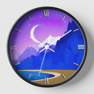Reloj Luna creciente, lago y montañas en violeta y azul
