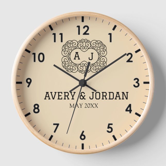 Reloj Luxury monogram cream couple names initials (Anverso)