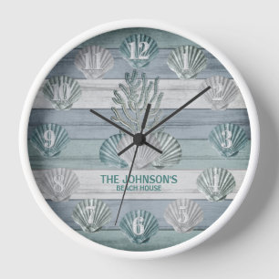 Reloj Madera rústica azul playa con conchas marinas