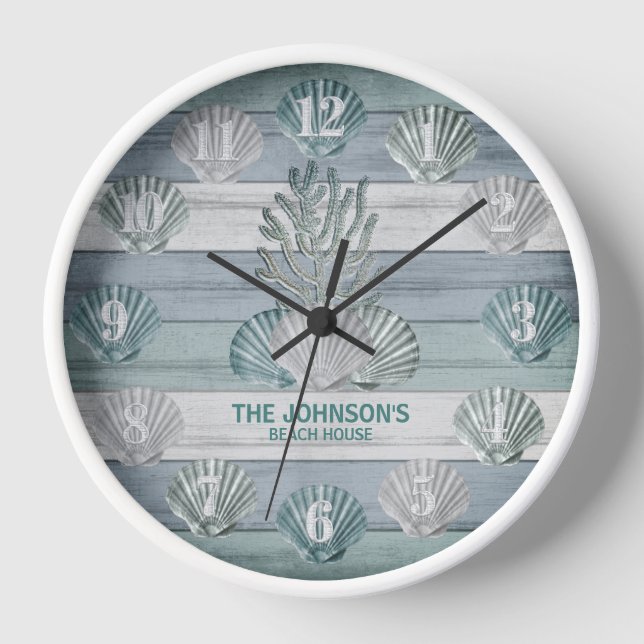 Reloj Madera rústica azul playa con conchas marinas (Anverso)