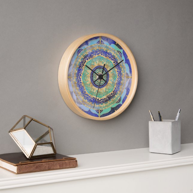 Reloj Mandalá azul dorado acuarela (Oficina)