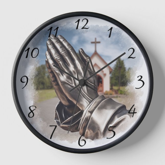 Reloj Manos rezando con una iglesia de aspecto plateado  (Anverso)
